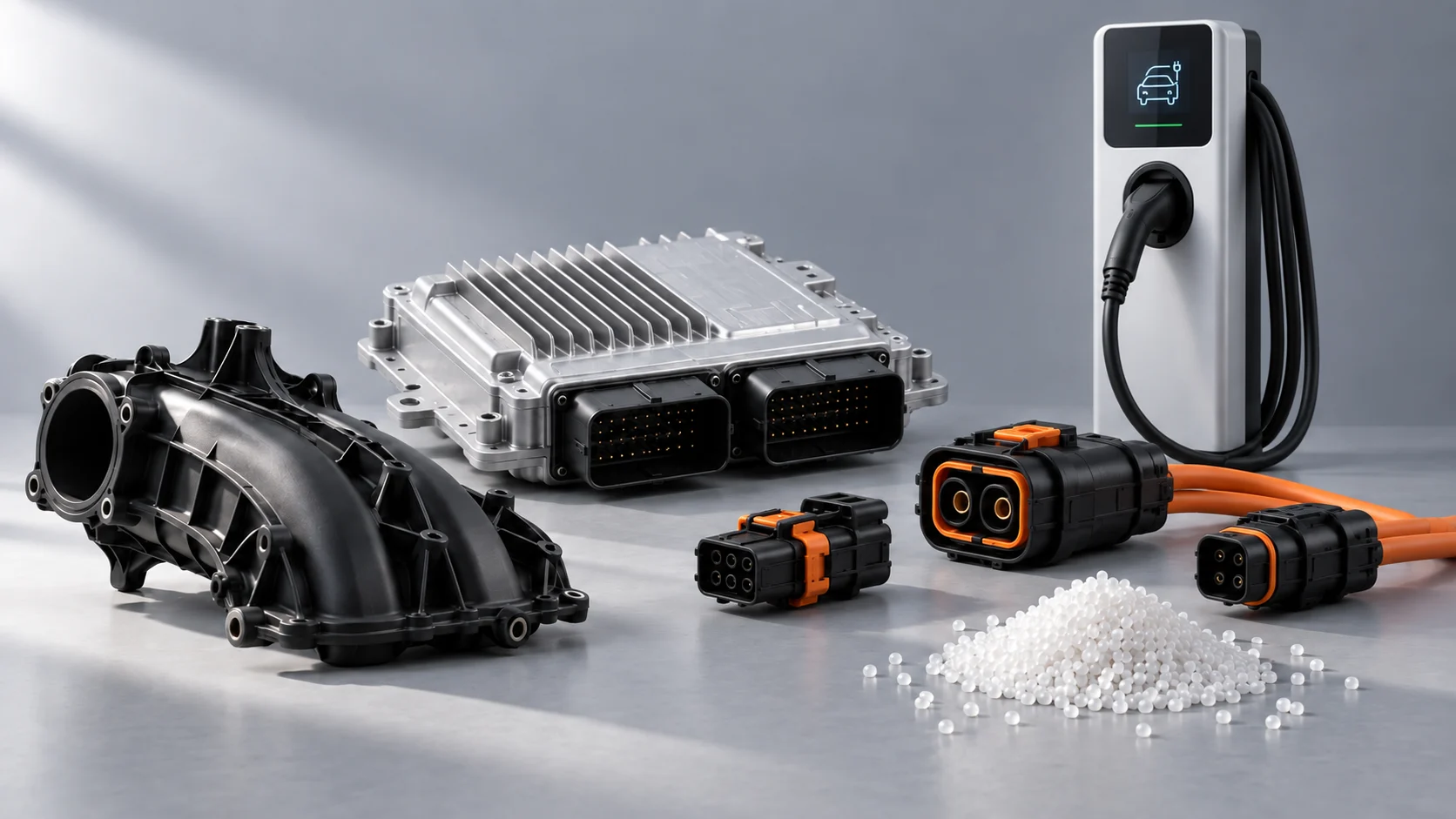 Automotive components, electronic control unit, high-voltage connectors, EV charging station and polymer resin pellets